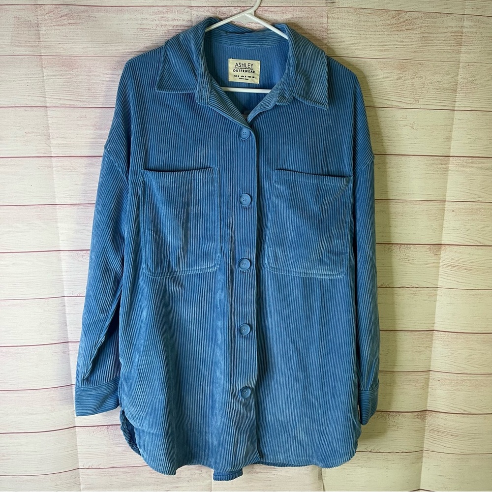 Ashley‎ Outerwear Lichen Blue Corduroy Button Down Pocketed Shirt Jacket Size 8